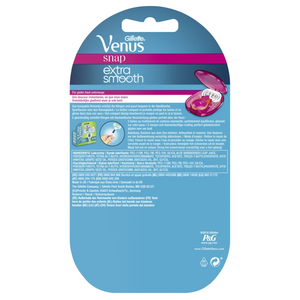 Rückseite der Verpackung. Text: Gillette Venus Snap Extra Smooth. Produktinformationen, Inhaltsstoffe, Gebrauchsanweisung.