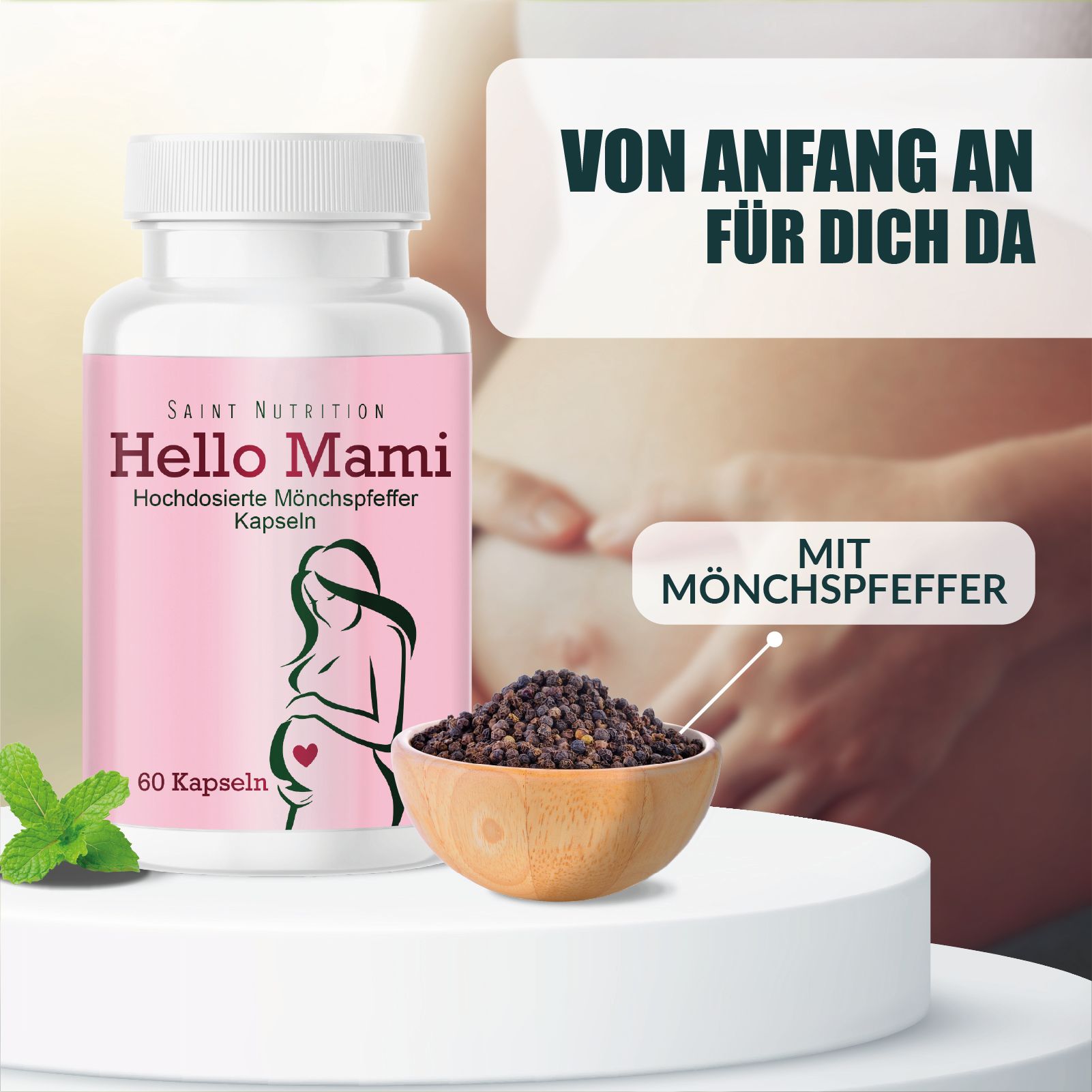 Pillenfläschchen mit rosa Etikett, daneben eine Schale mit Pfefferkörnern. Text: Hello Mami, mit Mönchspfeffer.