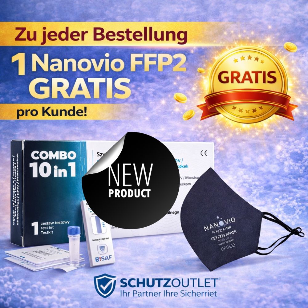 Box mit Testkit, Maske, Aufkleber 'NEW PRODUCT'. Text: 'Zu jeder Bestellung 1 Nanovio FFP2 GRATIS'.