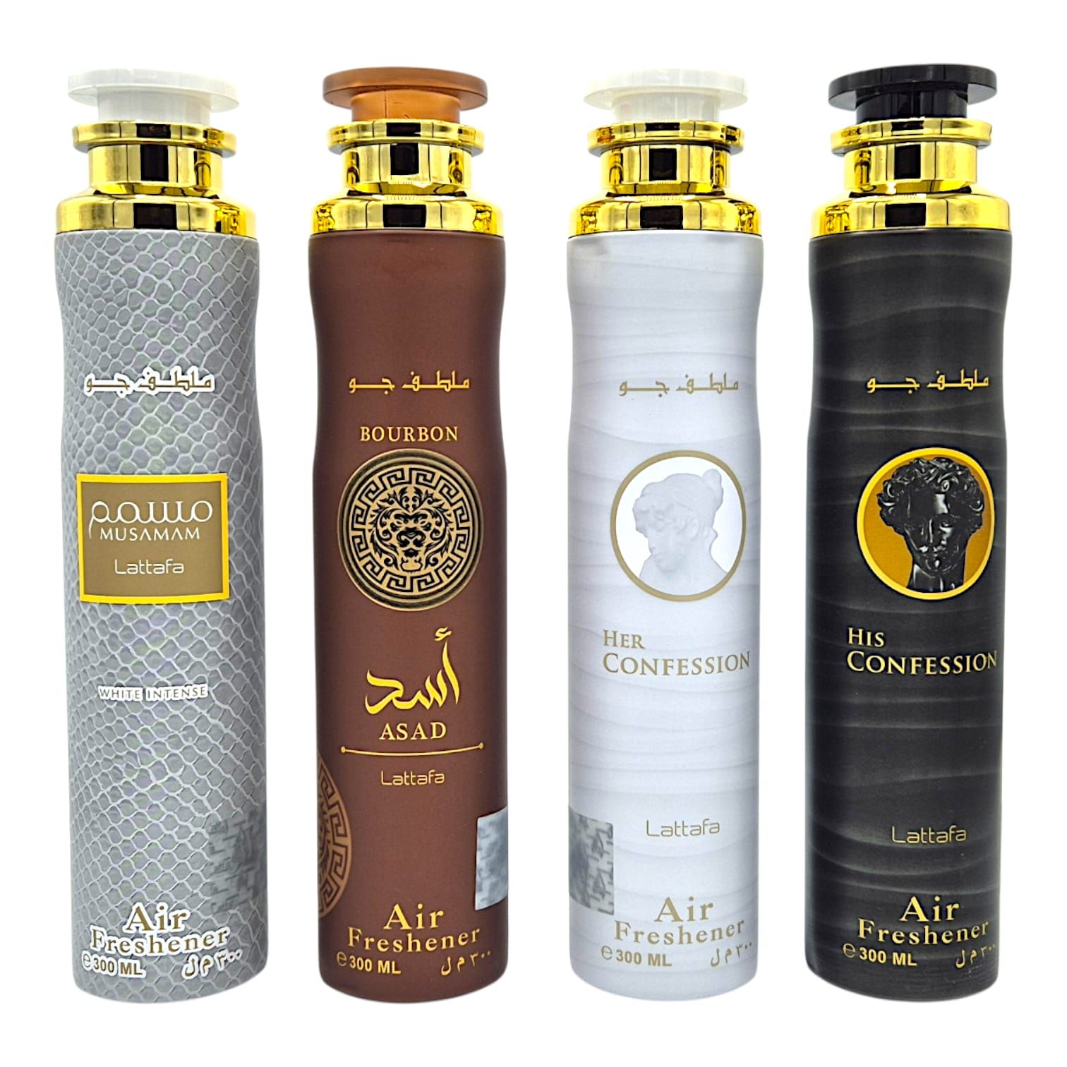 Lattafa 4er Raumduft Set Lufterfrischer His und Her Confession, Musamam White, Asad Bourbon