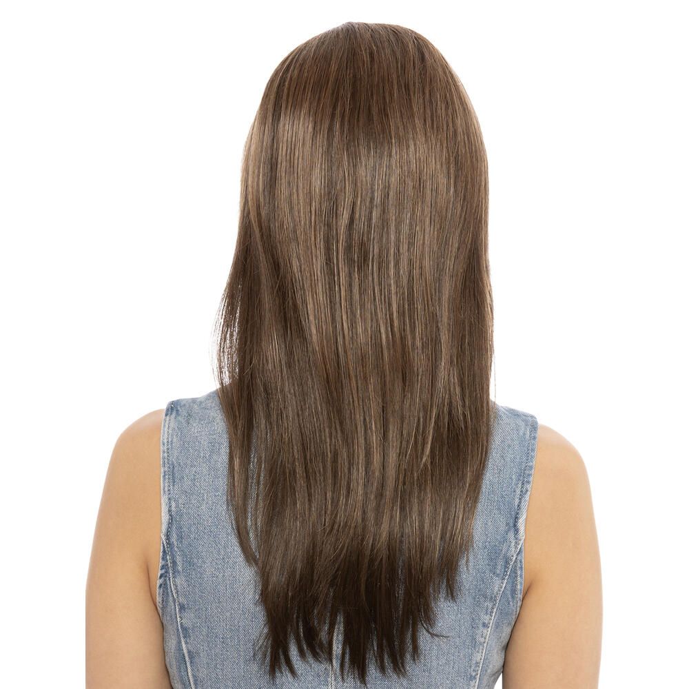 Perücke mit braunen und blonden Strähnen. Rückansicht. Mittellange, glatte Haare.