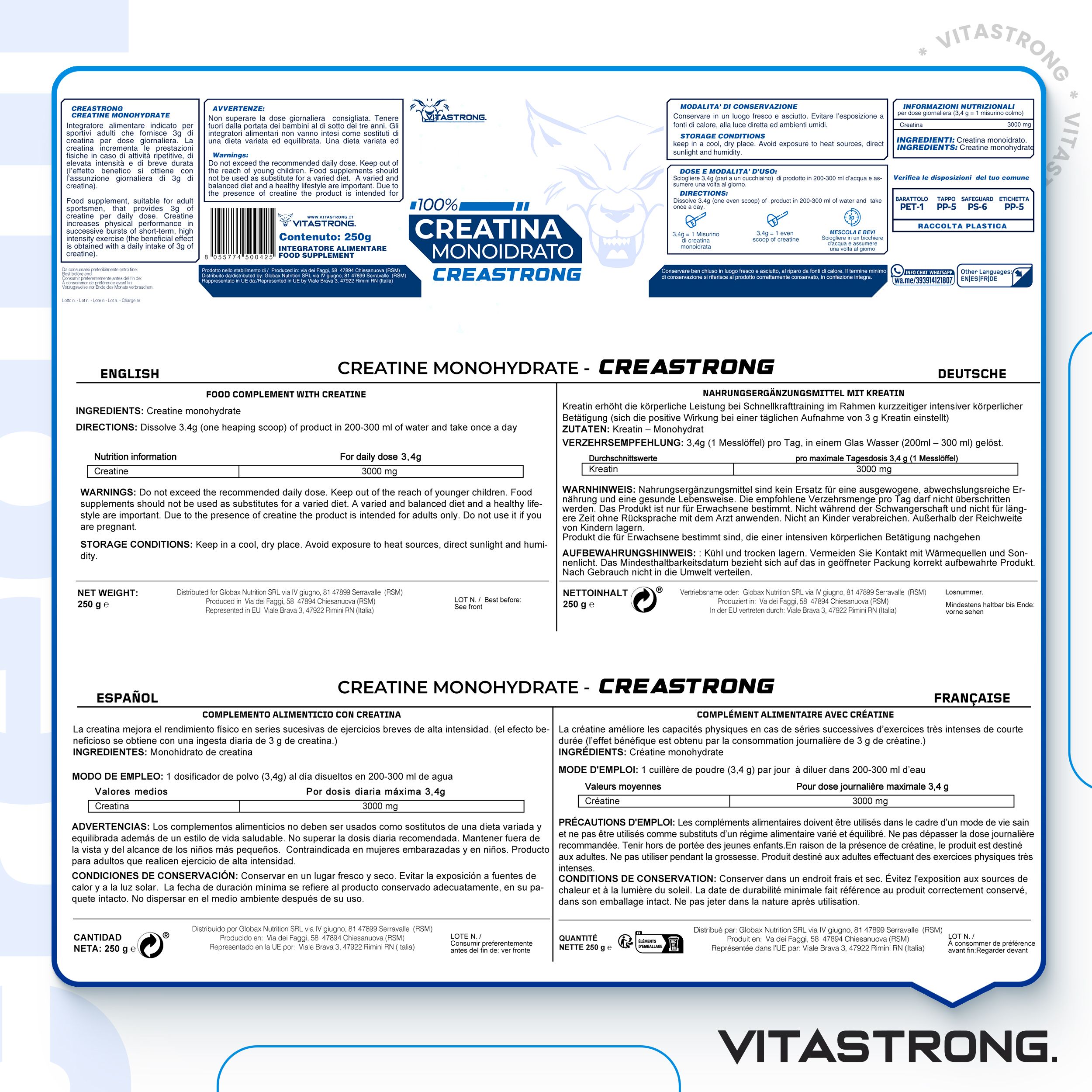 Rückseite der Produktverpackung. Text in Englisch, Deutsch, Spanisch und Französisch. Enthält Informationen.