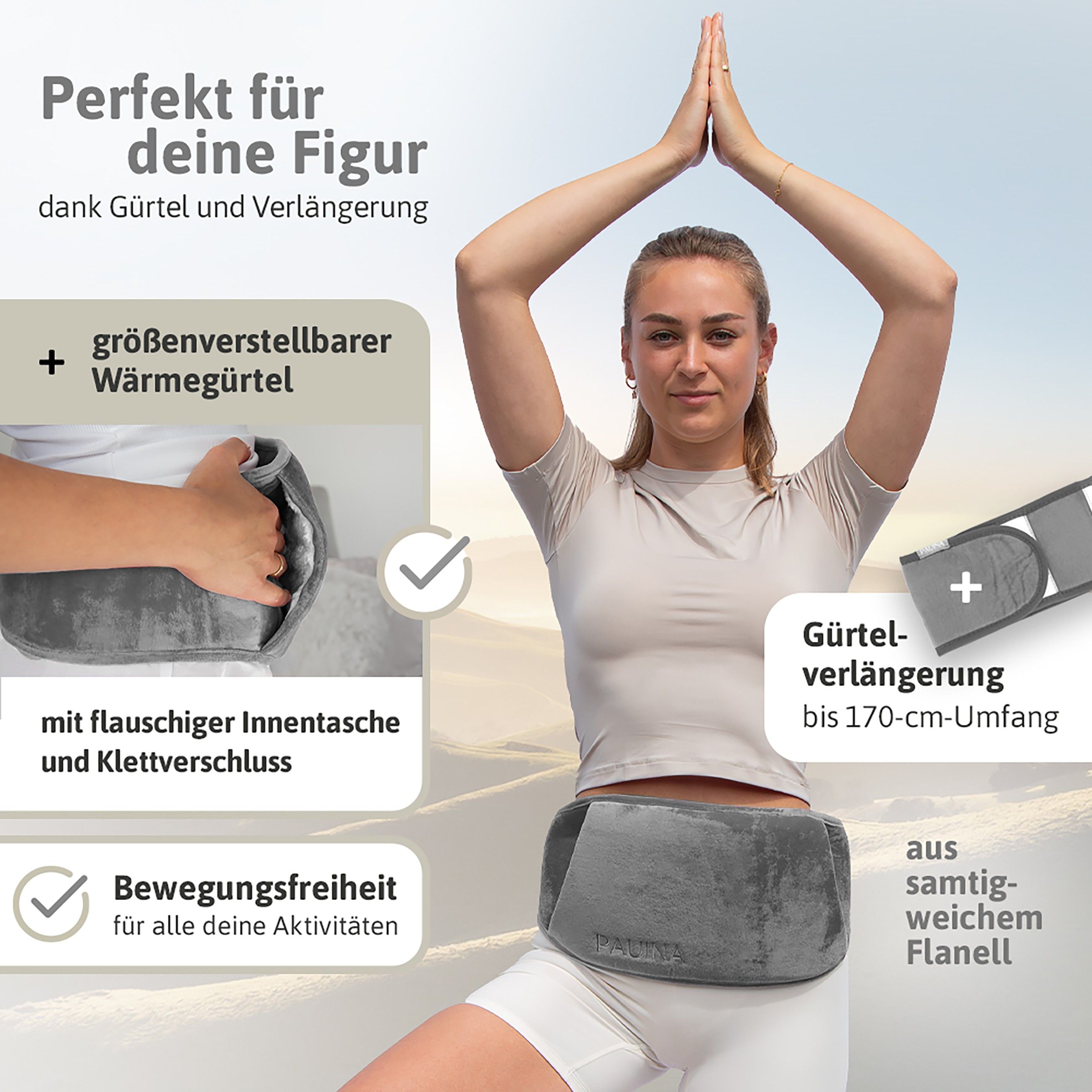 Frau mit einem grauen Heizgürtel. Text: Größenverstellbarer Wärmegürtel, Verlängerung bis 170 cm Umfang.