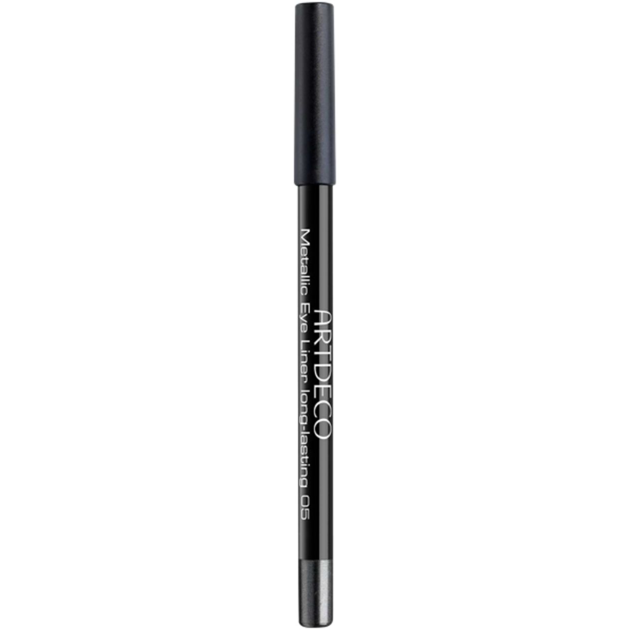 Artdeco Metallic Eye Liner. Schwarzer Stift mit schwarzer Kappe und silberner Spitze. Aufschrift: Metallic Eye Liner long-lasting 05.