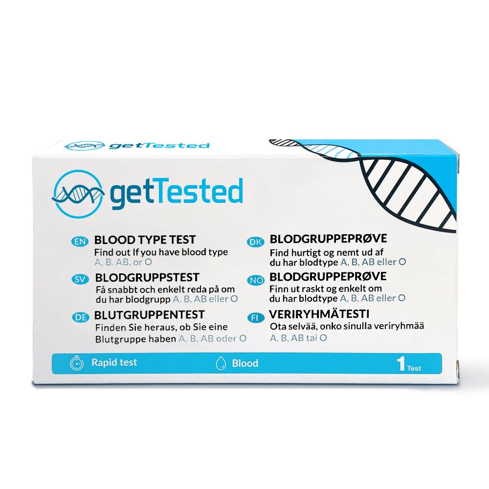 Blutgruppentest-Box mit Logo und Text in verschiedenen Sprachen. Enthält Informationen zu Blutgruppen A, B, AB oder O.