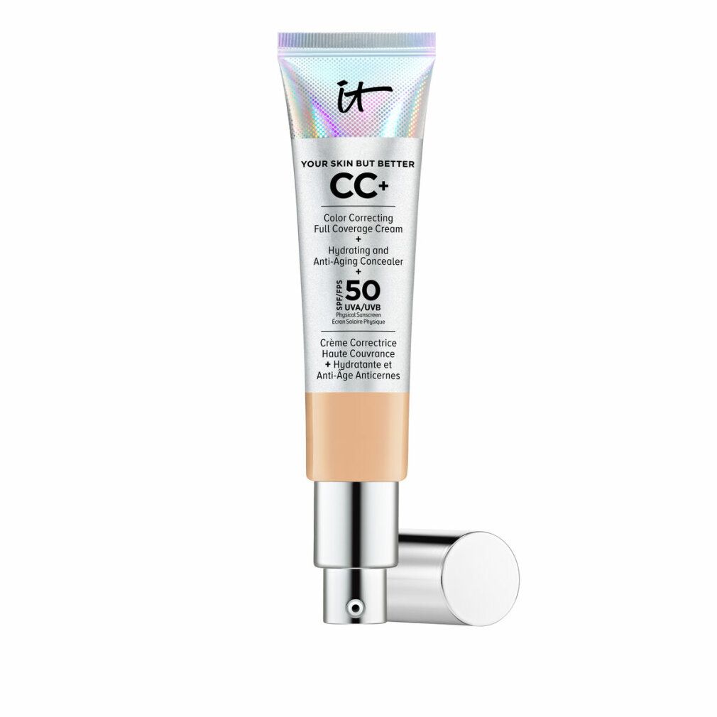Tube IT Cosmetics CC+ Foundation SPF 50, Medium Tan. Silberne Tube mit Pumpe. Text: Your Skin But Better, CC+, SPF 50.