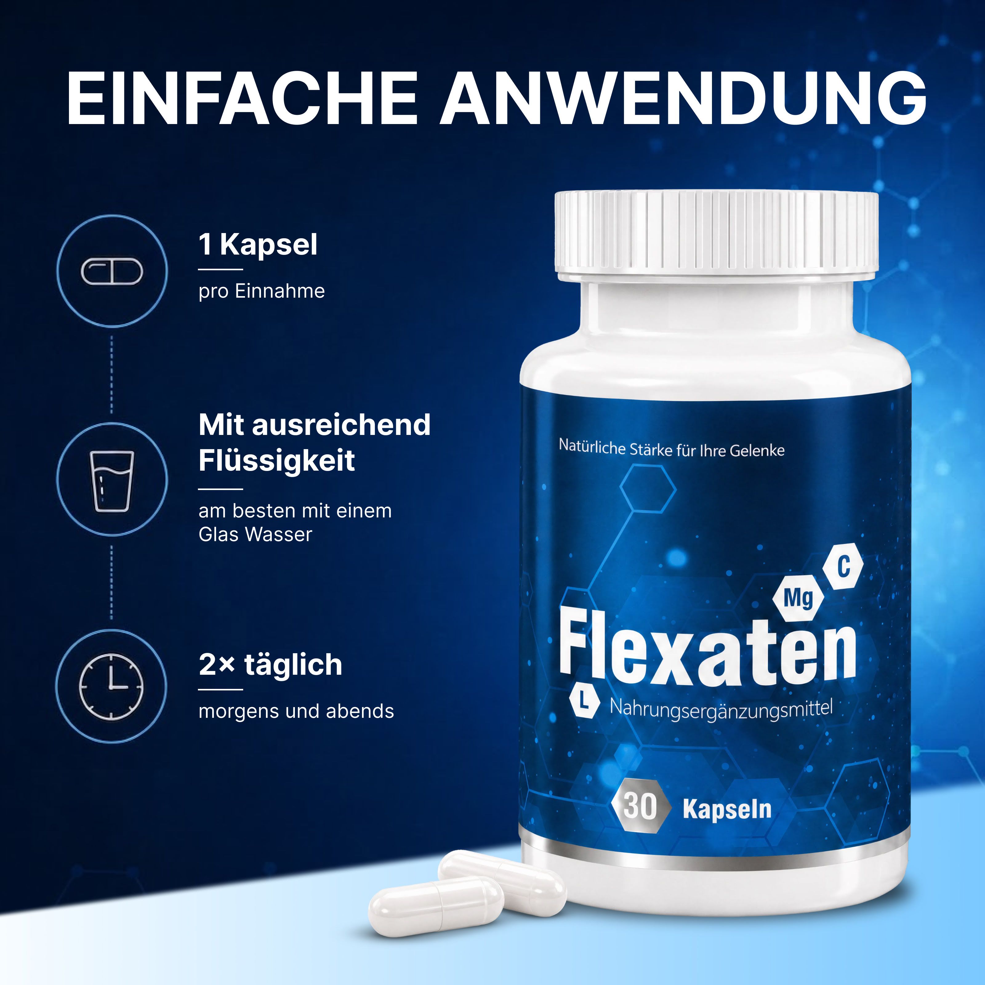 Flasche mit Flexaten Nahrungsergänzungsmittel, 30 Kapseln. Beinhaltet Anweisungen zur Einnahme.