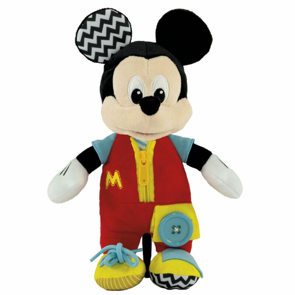 Stofftier Mickey Mouse mit Kleidung zum Anziehen. Roter Overall mit Reißverschluss, Knopf und Schnürsenkeln. Schwarze Ohren mit Zickzackmuster.