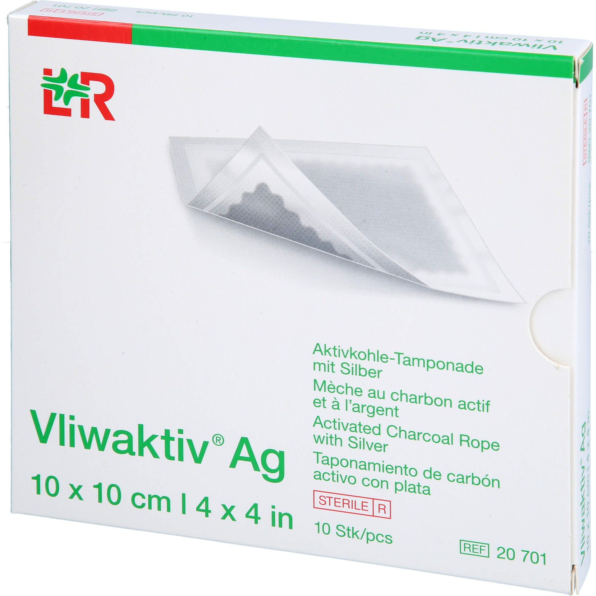 Verpackung von Vliwaktiv® Ag. Enthält 10 Stück sterile Aktivkohle-Tamponade mit Silber, 10 x 10 cm. Produktinformationen in mehreren Sprachen.