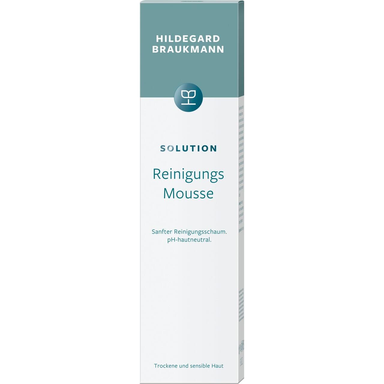 Hildegard Braukmann Solution Reinigungs Mousse. Weiße Verpackung mit blau-grünen Akzenten. Text: Solution, Reinigungs Mousse, pH-neutral.