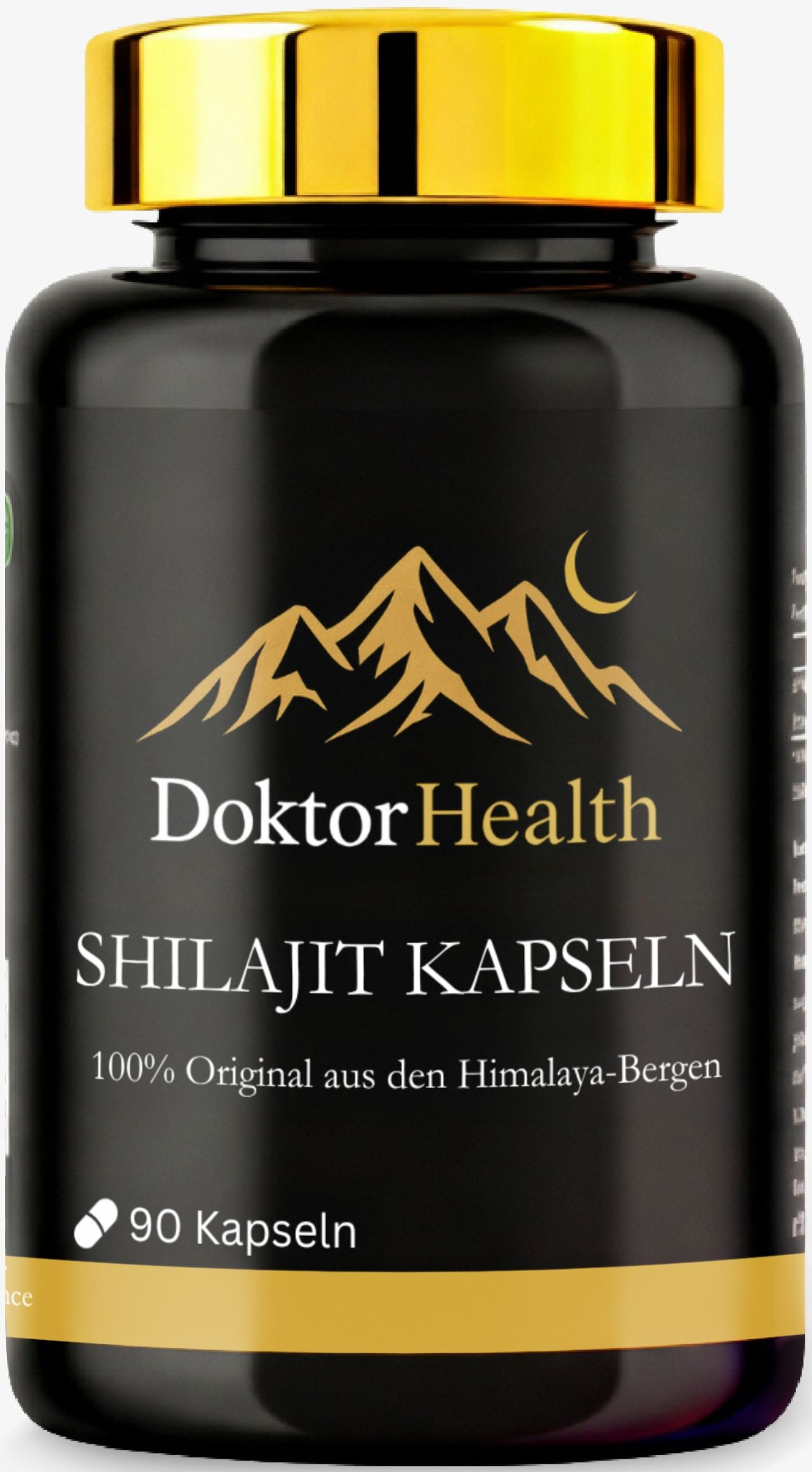 Schwarze Flasche mit goldenem Deckel. Etikett mit Logo Doktor Health, Shilajit Kapseln, 100% Original aus den Himalaya-Bergen, 90 Kapseln.
