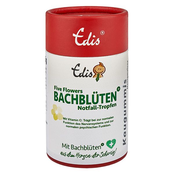 Rote zylindrische Dose mit weißem Etikett. Aufschrift: Edis Bachblüten Notfall-Tropfen. Grün-weißes Logo.