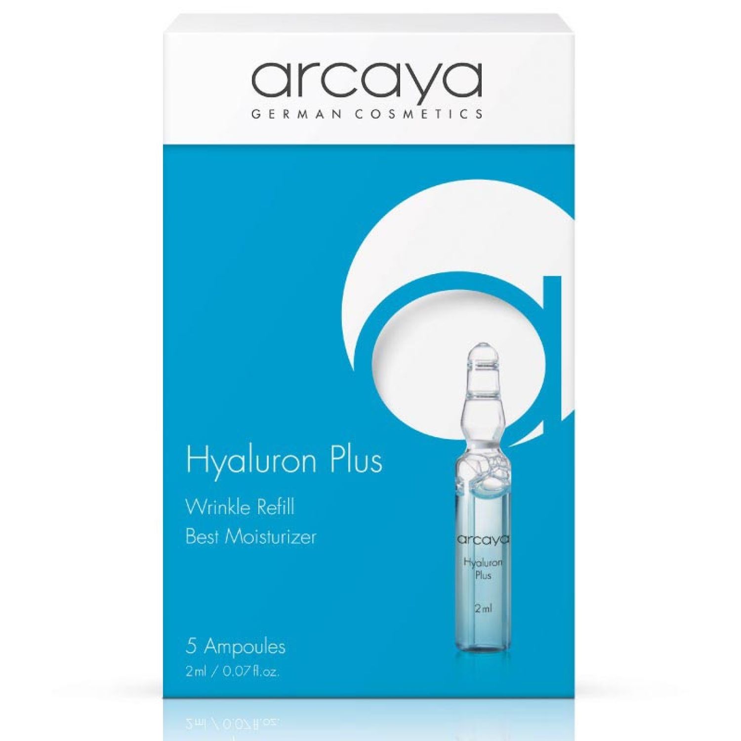 Arcaya Hyaluron Plus Ampullen. Verpackung mit 5 Ampullen. Blaue Flüssigkeit in Glasampullen. Produktname und Marke sichtbar.