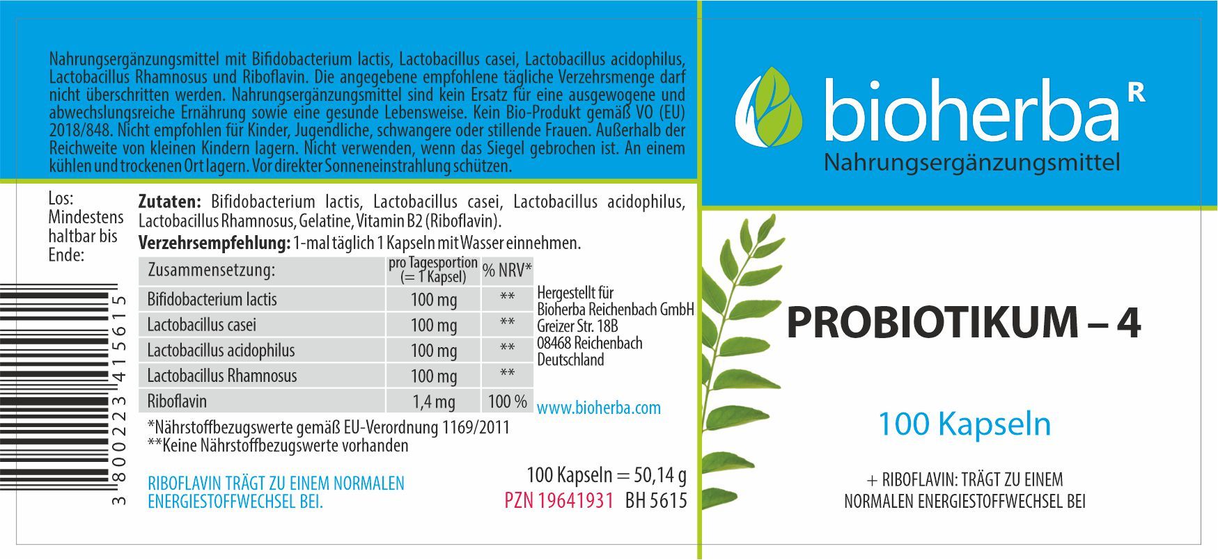 Etikett mit "bioherba" Logo, "PROBIOTIKUM - 4" und "100 Kapseln". Enthält Informationen zu Inhaltsstoffen und Hersteller.