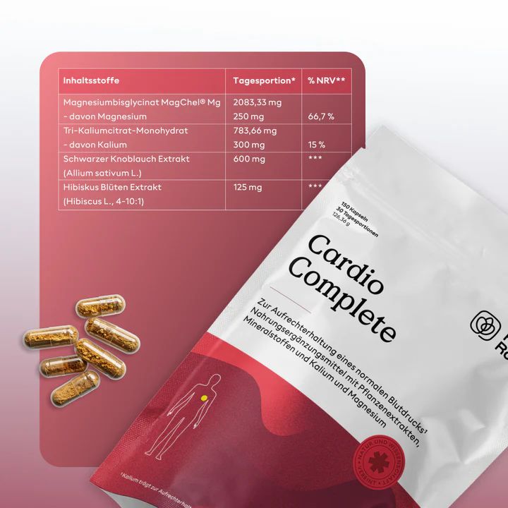 Beutel und Kapseln. Tabelle mit Inhaltsstoffen und Nährwertangaben. Text: Cardio Complete, Health Routine.