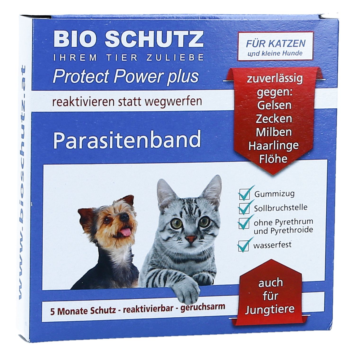 Produktverpackung von Bio Schutz Parasitenband. Blauer Karton mit Produktname und Abbildungen von Hund und Katze. Text: "Für Katzen und kleine Hunde".