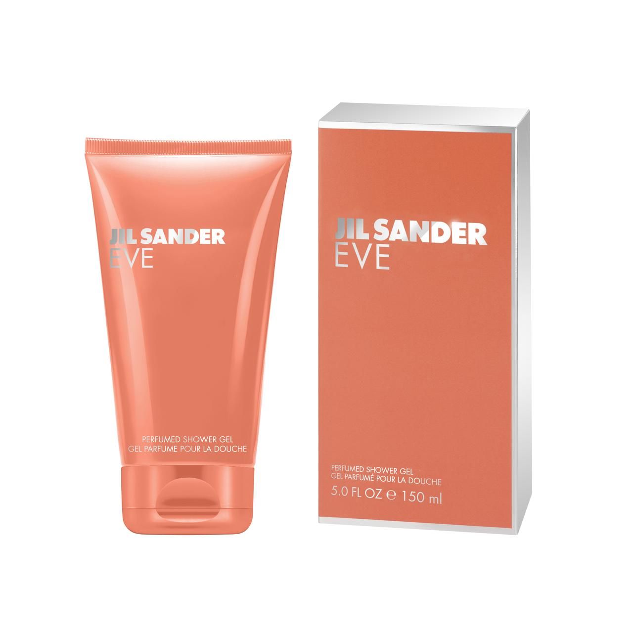 Korallenfarbene Tube und Schachtel mit silbernem Schriftzug Jil Sander Eve. Text: Perfumed Shower Gel, Gel Parfume Pour La Douche.