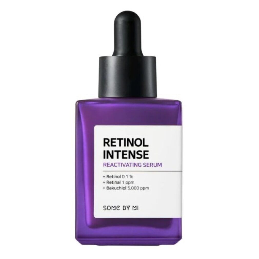 Retinol Intense Reaktivierendes Serum in violetter Glasflasche mit Pipettenverschluss.