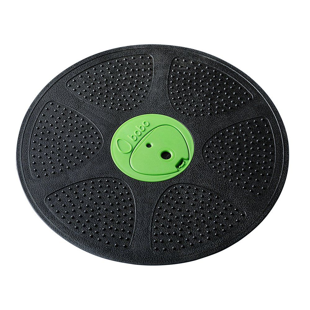 Schwarzes Balance Board mit grünem Logo. Runde Form, strukturierte Oberfläche.
