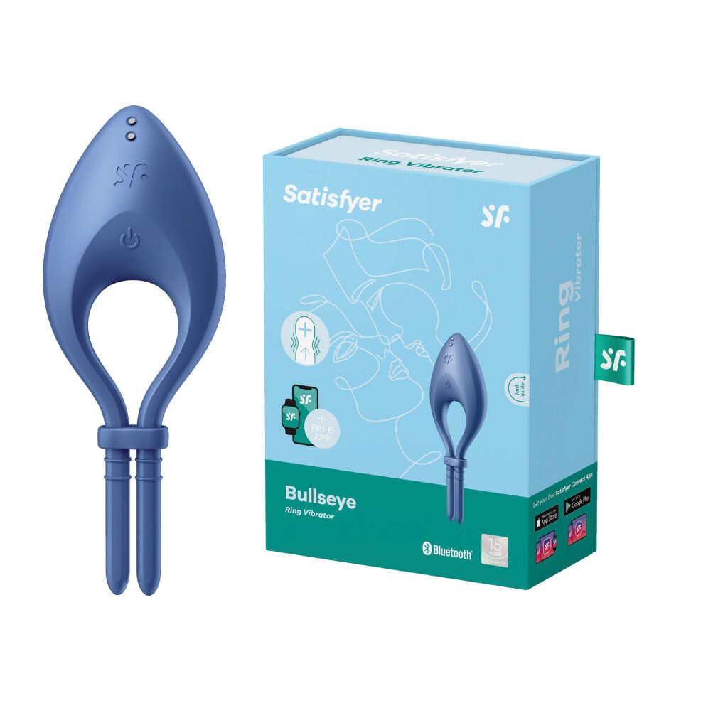 Produktverpackung und Ringvibrator. Hellblaue Box mit Produktabbildung. Ringvibrator daneben.