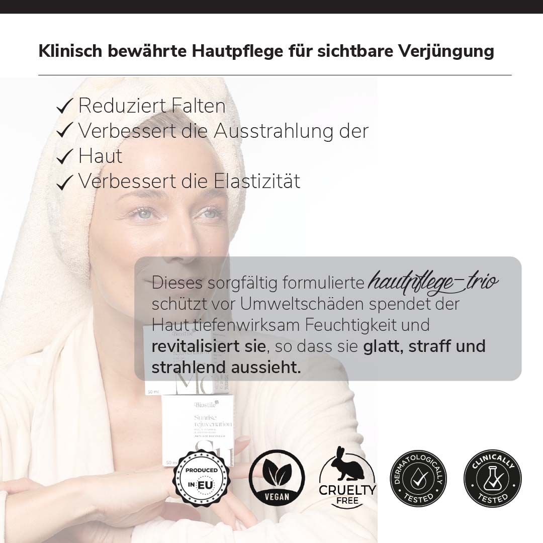 Text mit Vorteilen des Anti-Age-Geschenksets. Enthält Informationen zu Faltenreduzierung und Hautelastizität.