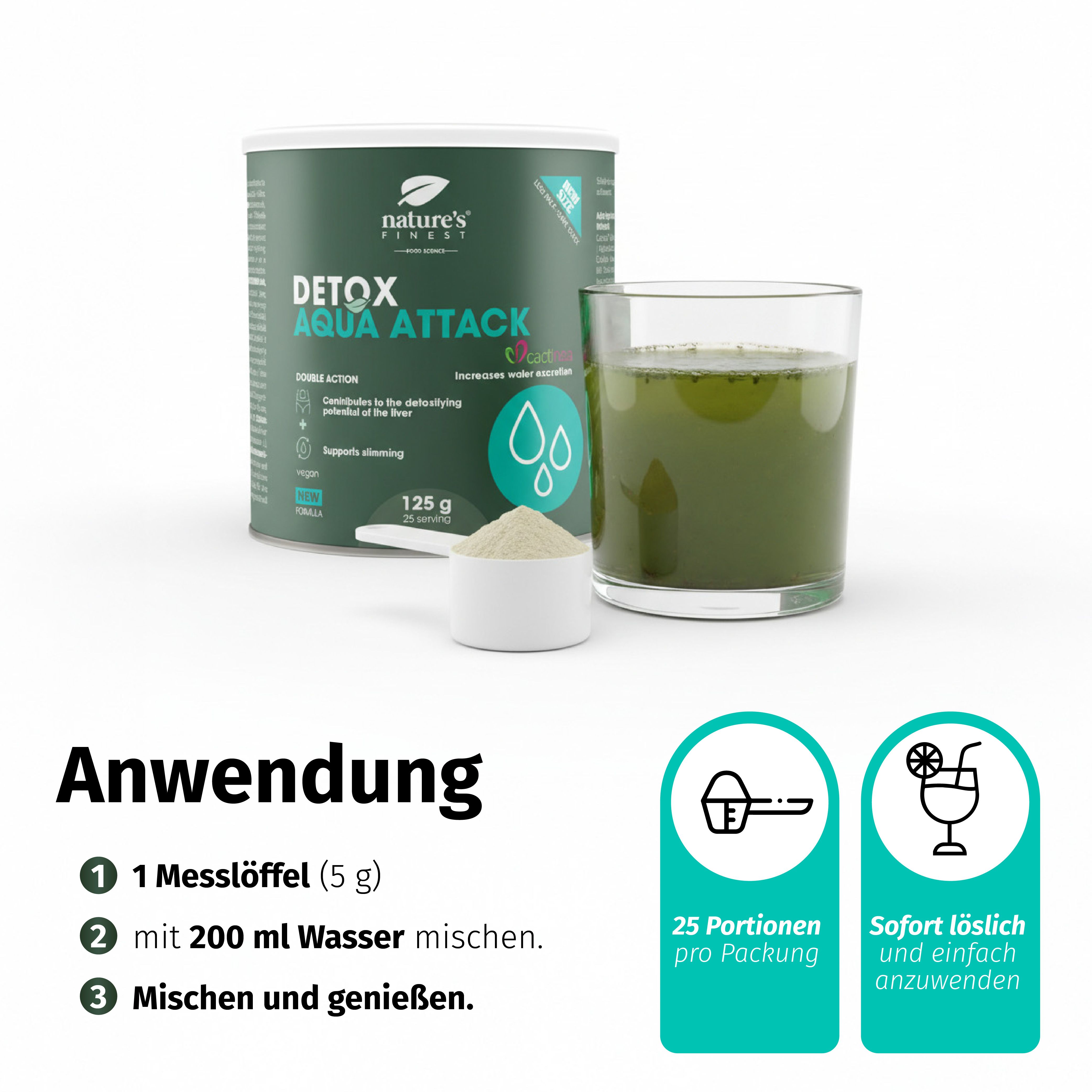Dose Nature's Finest Detox Aqua Attack, Messlöffel und zubereitetes Getränk in einem Glas.