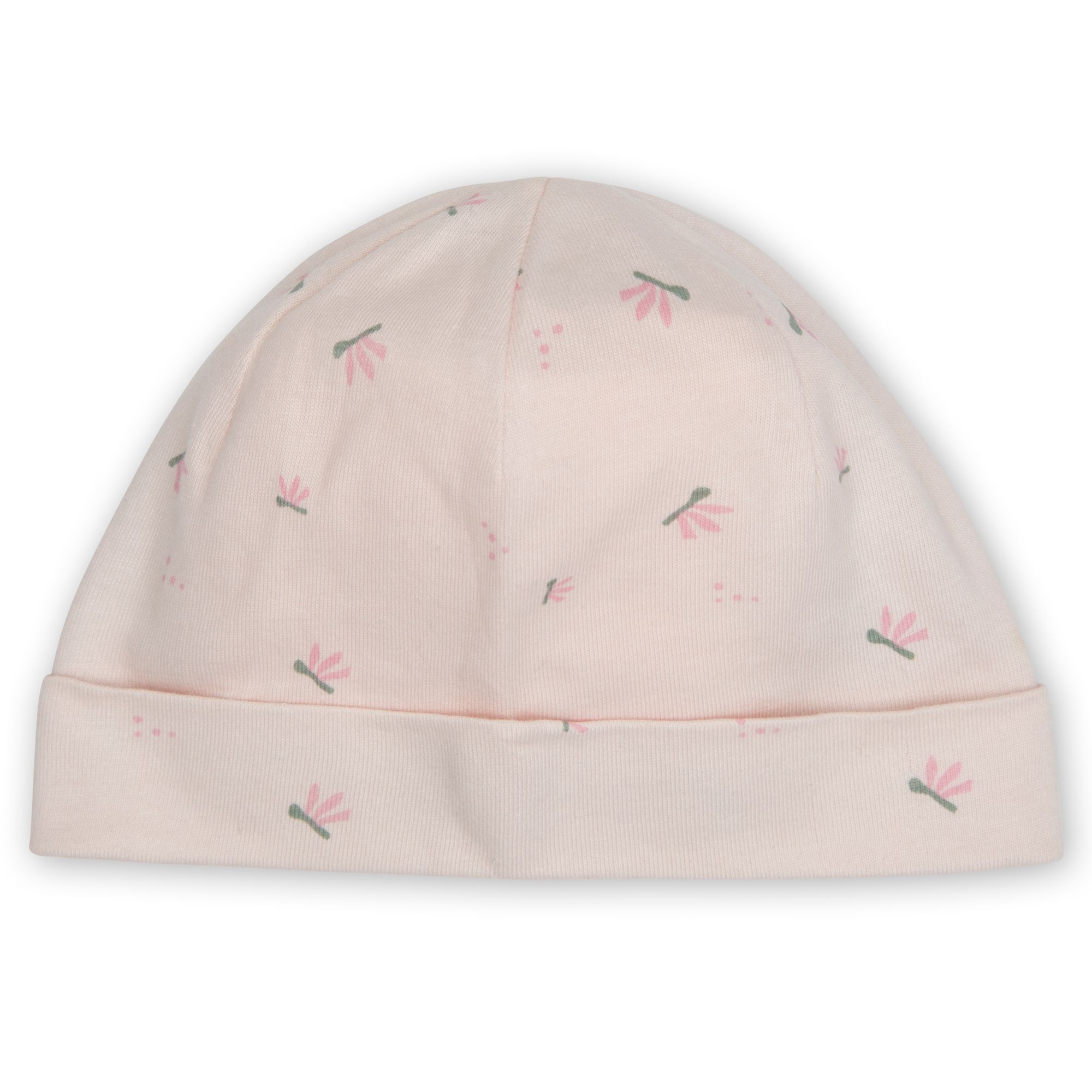 Rosa Mütze mit floralem Muster. Rundes Design mit umgeschlagenem Saum. Stoff mit kleinen Blüten bedruckt.
