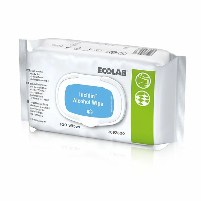 Weiße Verpackung mit ECOLAB-Logo und Incidin Alcohol Wipe-Etikett. Enthält 100 Tücher.