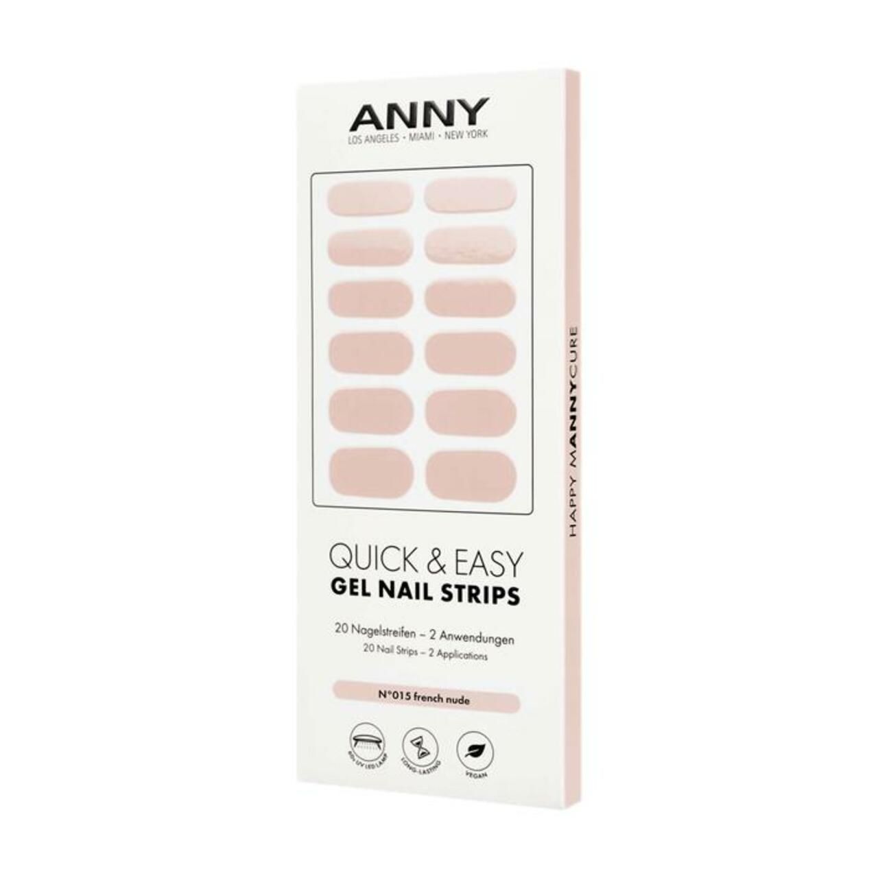 Verpackung mit ANNY Quick & Easy Gel Nail Strips. Rosa Nagelstreifen, 20 Stück, Farbton N°015 French nude. Marke oben.