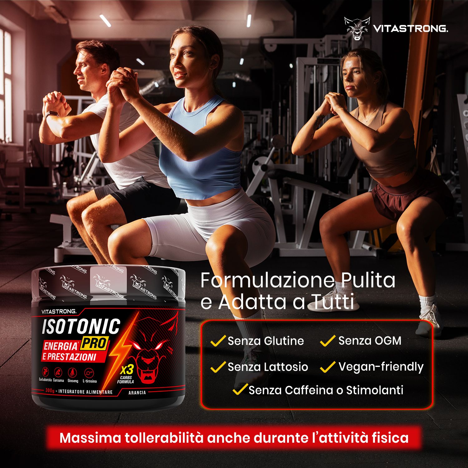 Drei Personen beim Training. Dose mit Text. Text über glutenfrei, vegan, etc. Logo.