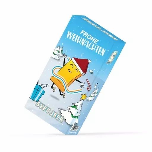 Weihnachtskalender mit Illustrationen. Aufschrift "Frohe Weihnachten" und "Sven Jack". Abgebildet ist ein gelbes Gebäckstück mit Weihnachtsmütze.