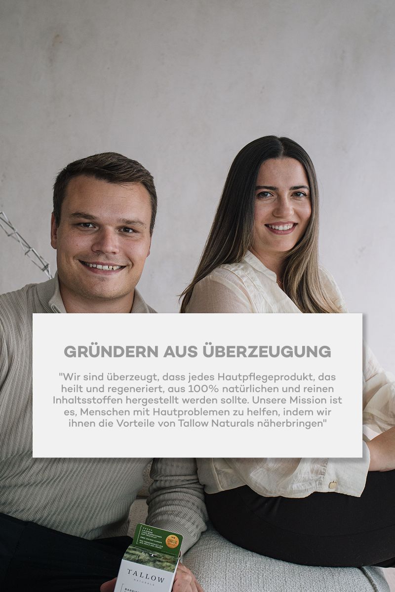 Zwei Personen lächeln. Text: Gründer aus Überzeugung. Zitat über natürliche Inhaltsstoffe und die Mission, Hautprobleme zu lindern.