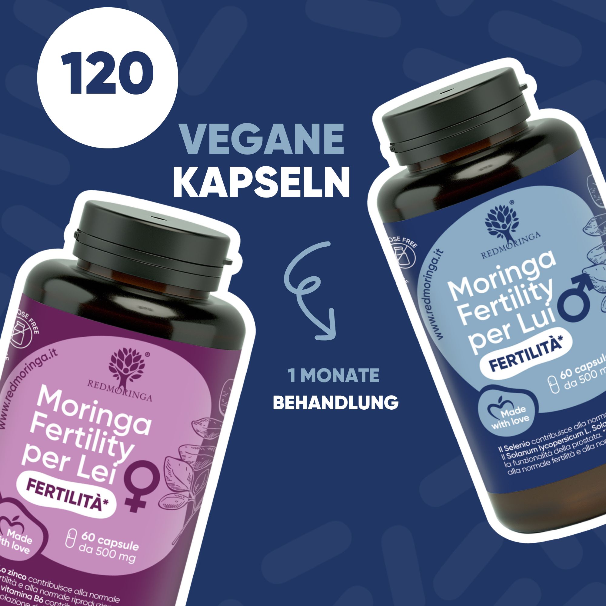 Zwei Flaschen RedMoringa Fertility Set: Lila für Frauen, Blau für Männer. 120 vegane Kapseln.