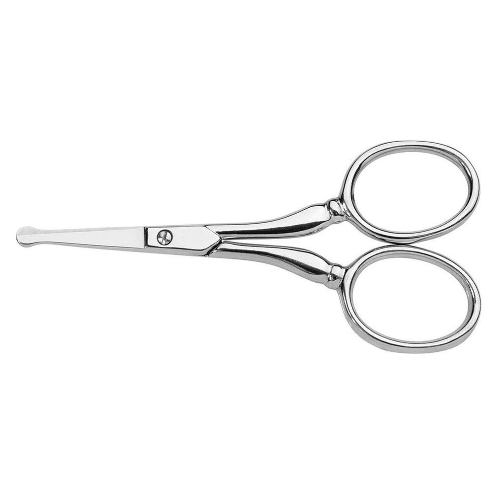 Nickel-Nasenhaarschere. Silberfarben, mit abgerundeten Spitzen und ovalen Griffen. Gelenk mit Schraube.