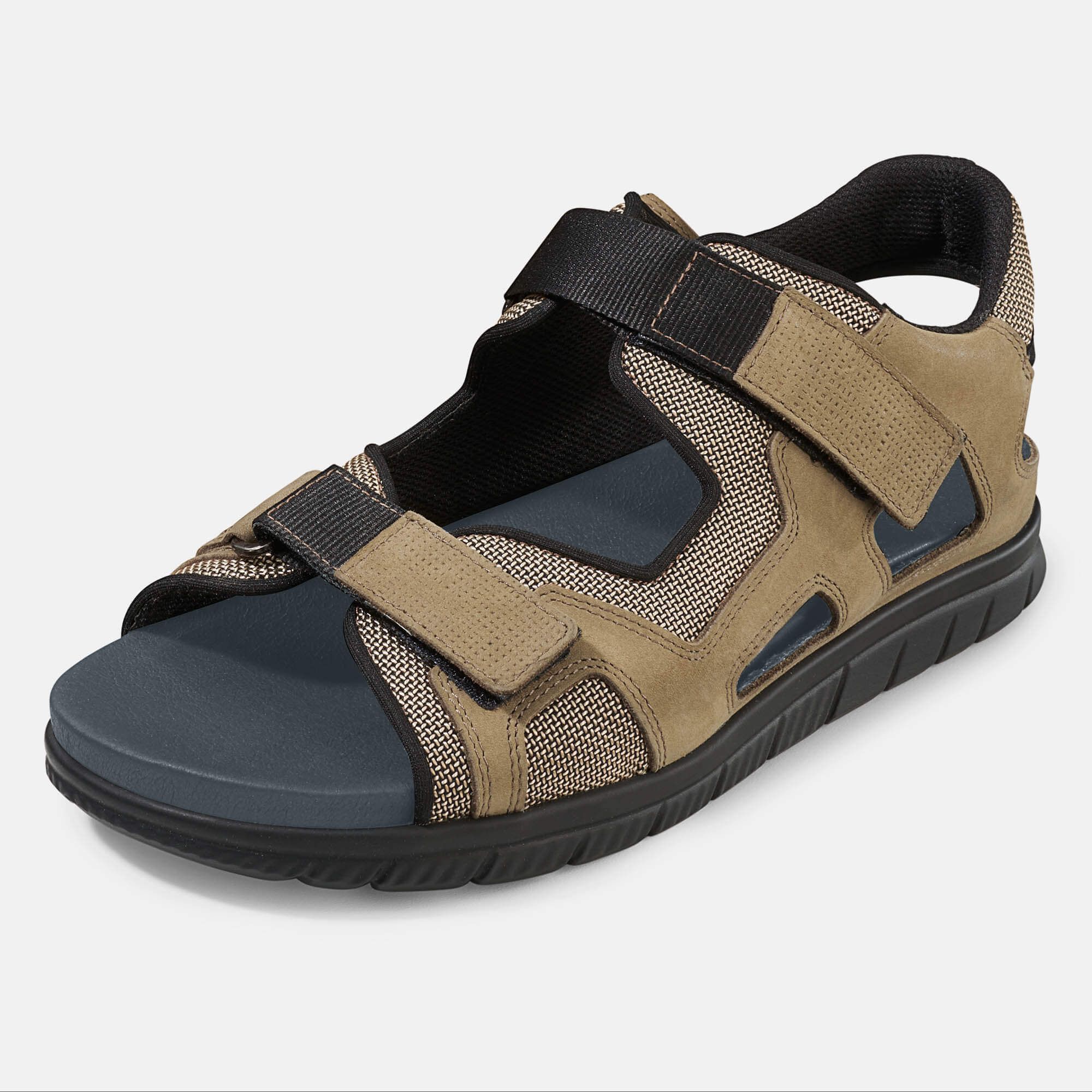 Braune und schwarze Herren-Sandale. Klettverschlüsse, breite Passform. Mesh-Einsätze. Blaue Innensohle.