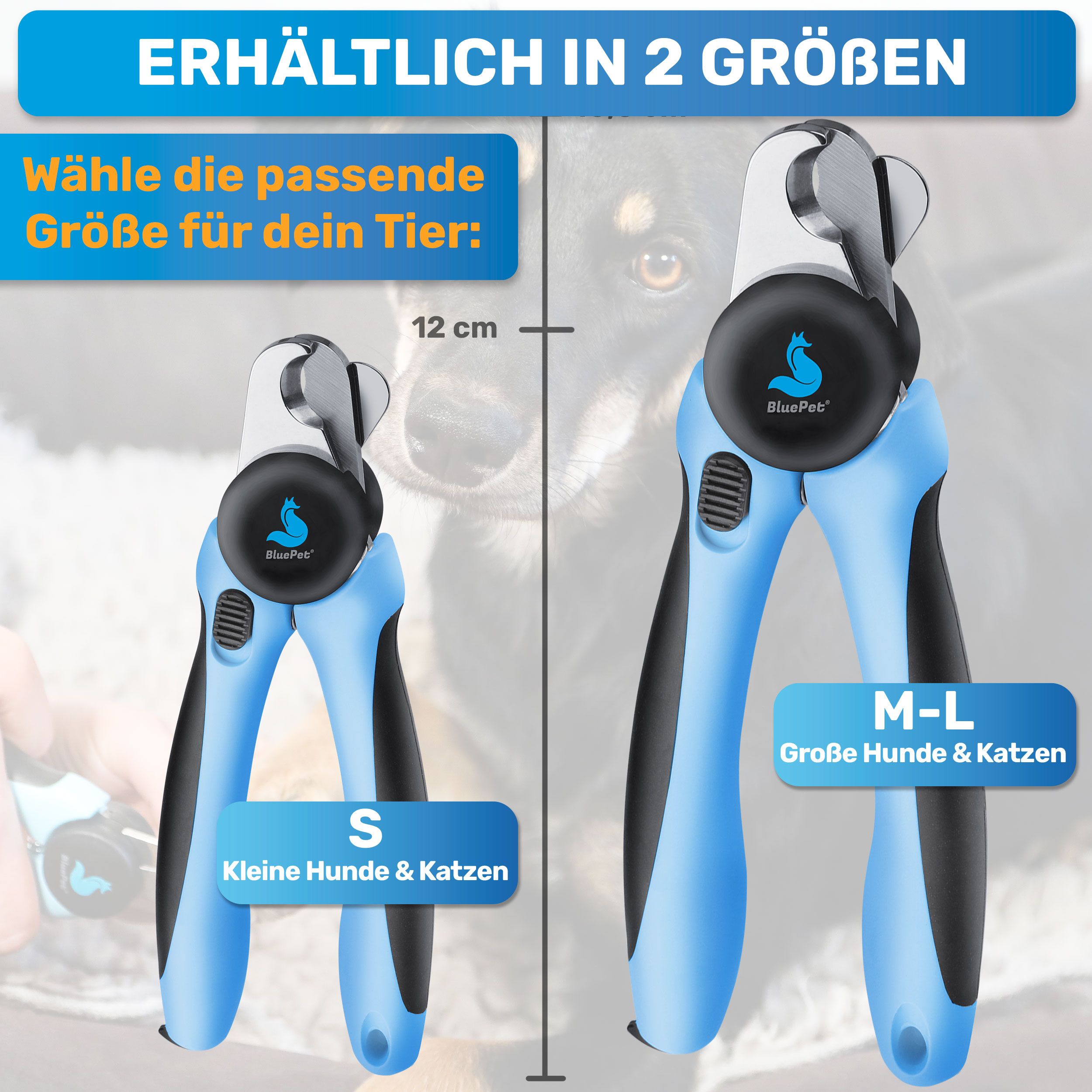 Zwei blaue Krallenscheren, eine S und eine M-L, mit Größenangaben. Text: Erhältlich in 2 Größen. Wahl der passenden Größe.
