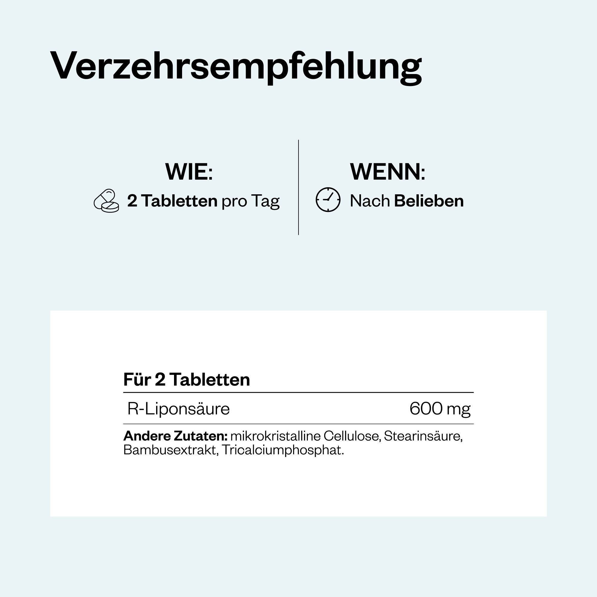 Text auf blauem Hintergrund. Informationen zur Einnahme von Sodium R-Lipoate. Enthält Informationen zu Inhaltsstoffen.