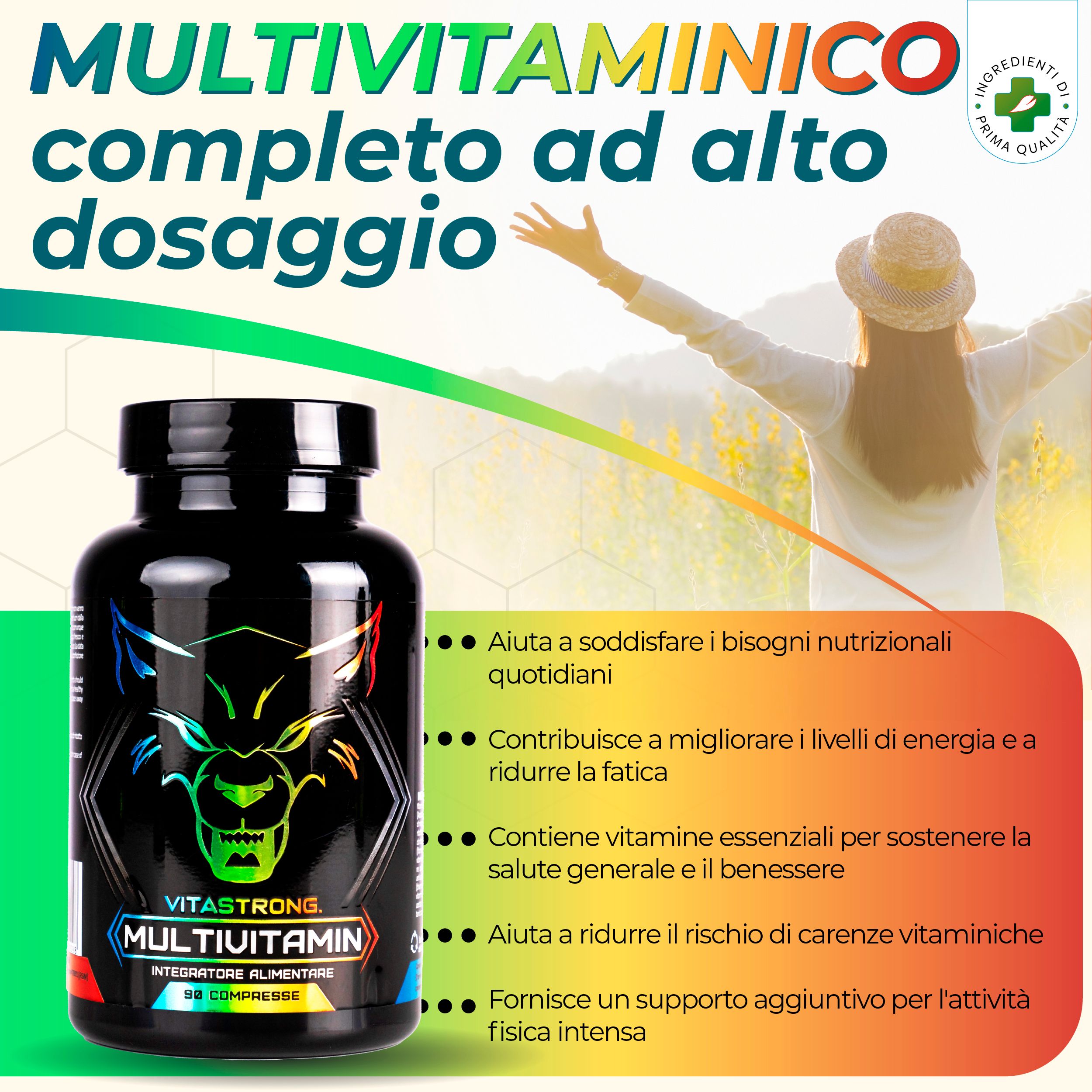 Flacone « Vitastrong Multivitamin ». Donna con braccia alzate. Testo: « Multivitaminico completo ad alto dosaggio ». 90 compresse.