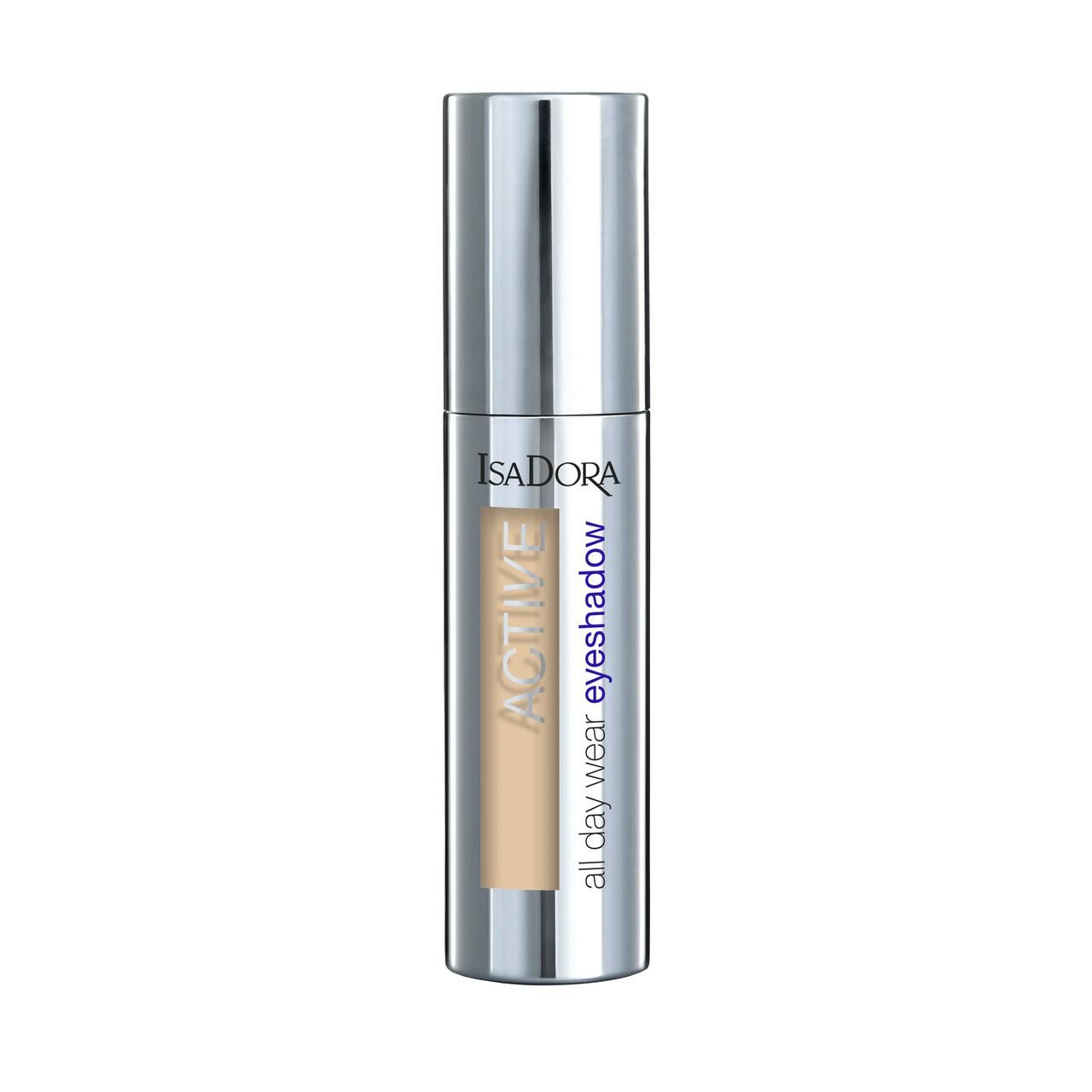 IsaDora Active All Day Wear Eyeshadow. Zylindrische Flasche mit silbernem Deckel. Beige Lidschatten sichtbar. Text: IsaDora, Active, all day wear eyeshadow.