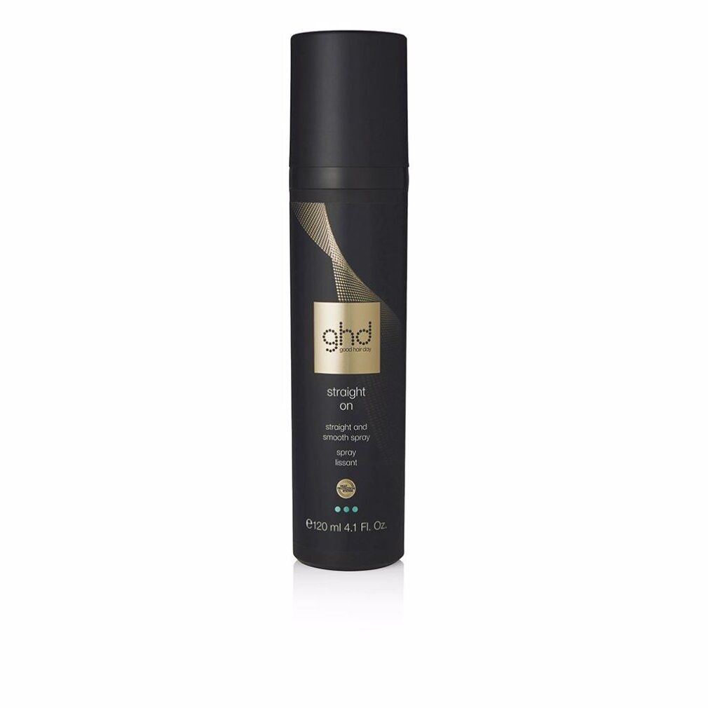 Schwarze Sprühflasche mit goldfarbenem Schriftzug "ghd" und "straight on". Mit schwarzem Deckel. 120 ml.