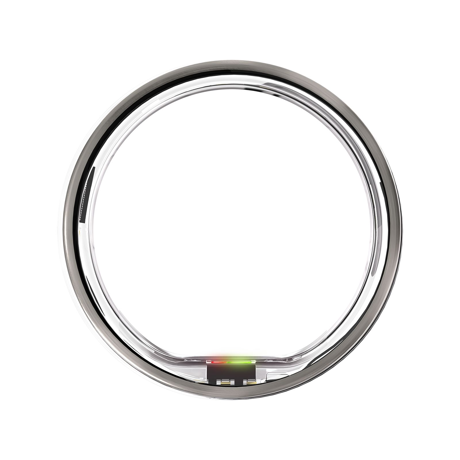 Ring aus Metall. Innenring mit weißem ULTRAHUMAN-Schriftzug. Grün-rot leuchtende Elemente.