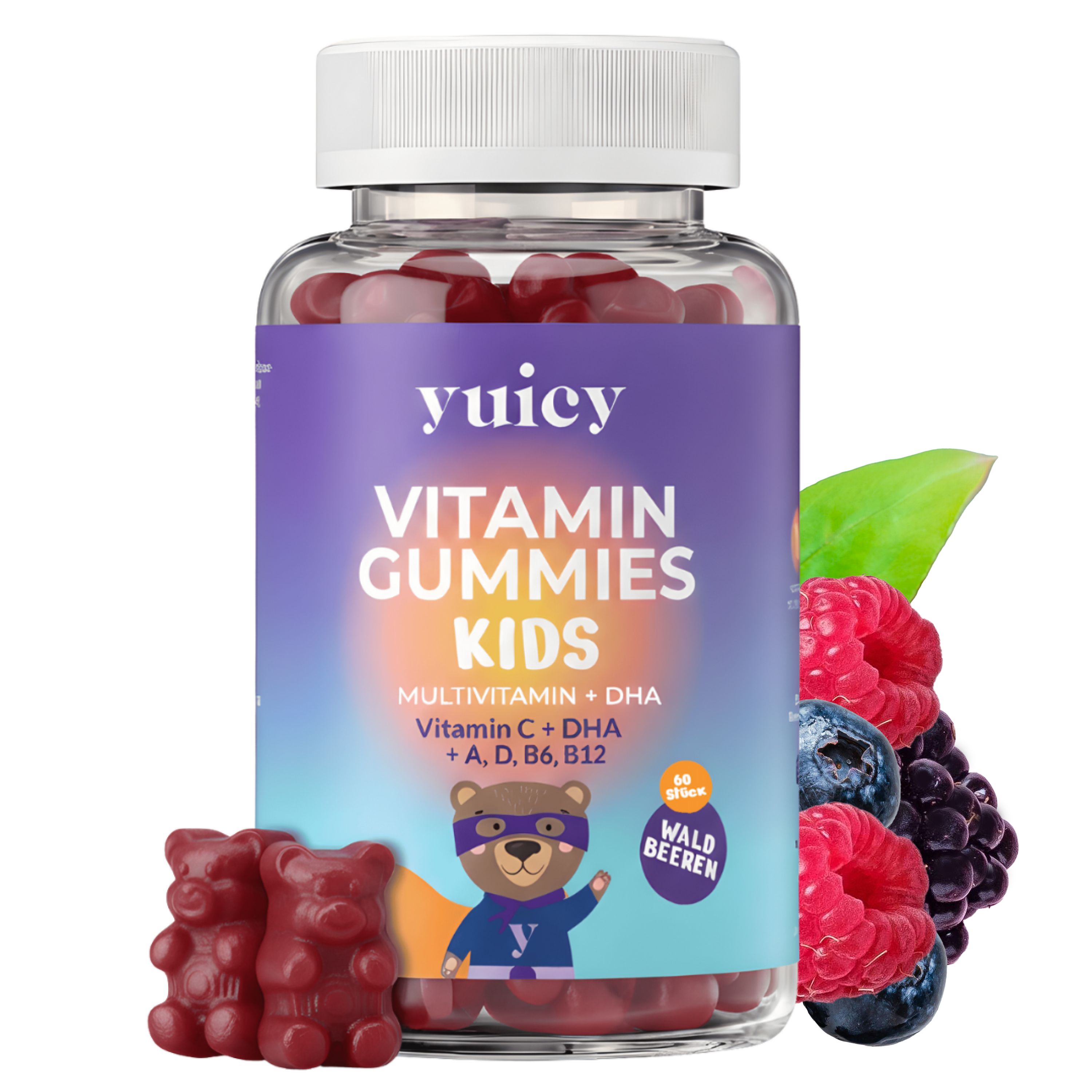 Glasflasche mit Vitamin-Gummibärchen für Kinder. Aufschrift: Vitamin Gummies Kids. Mit Waldbeeren-Geschmack.