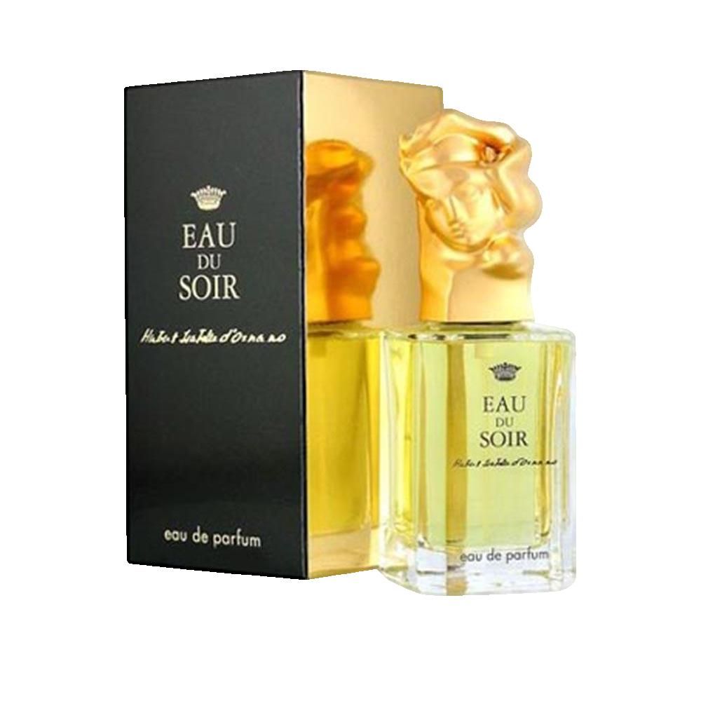 Flakon und Verpackung. Schwarze Schachtel mit goldfarbener Innenseite. Flakon mit goldfarbenem Deckel, Aufschrift Eau du Soir.