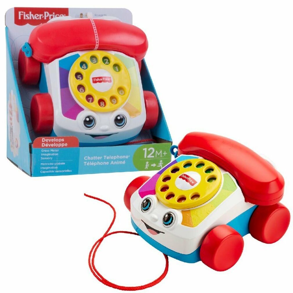 Zwei Spielzeug-Telefone, eines in der Verpackung. Das Telefon hat rote Räder, einen roten Hörer und eine gelbe Wählscheibe. Das Logo Fisher-Price ist sichtbar.
