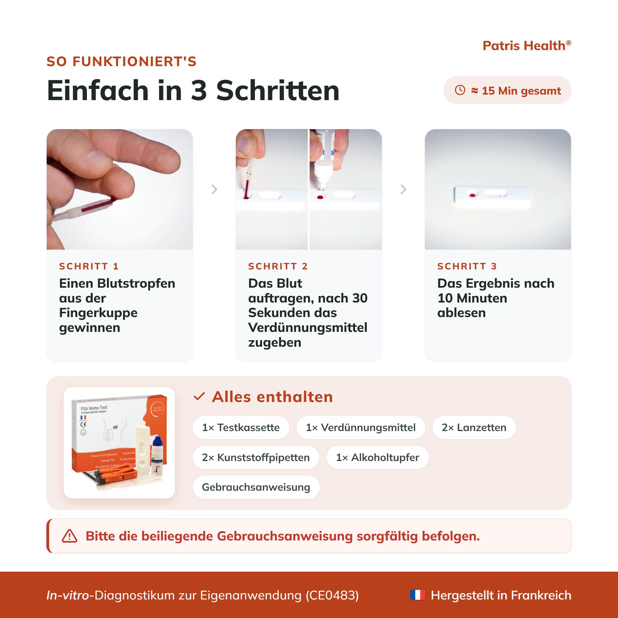 Mann über 50 hält eine Patris Health PSA Home Test Box, erklärt die Vorteile.