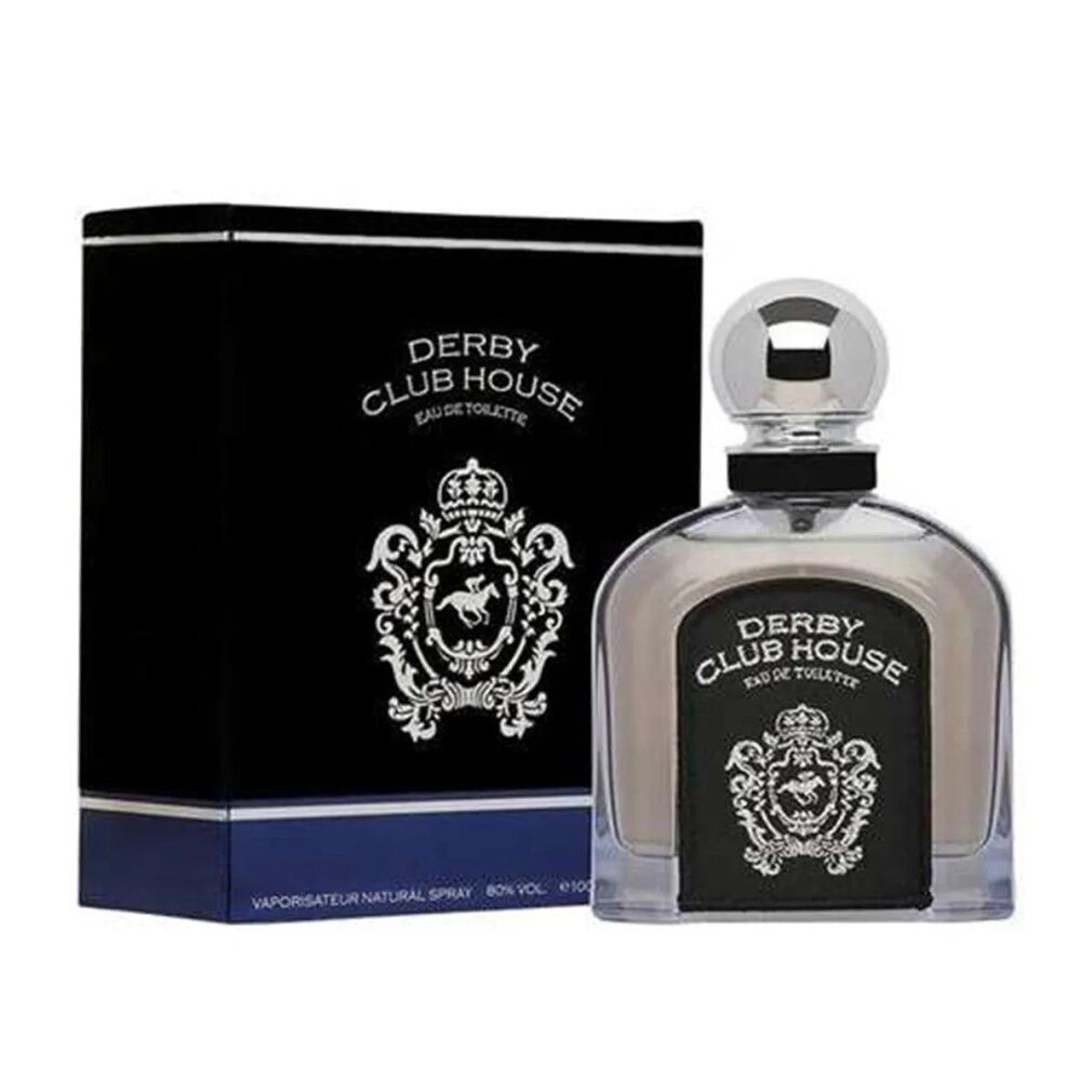 Flakon und Verpackung von Derby Club House Eau de Toilette. Schwarze Verpackung mit weißem Logo. Transparenter Flakon.