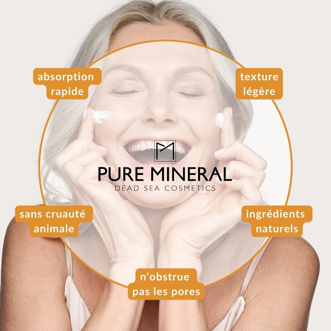 Femme avec crème sur le visage. Texte: Pure Mineral. Icônes: absorption rapide, texture légère, sans cruauté.