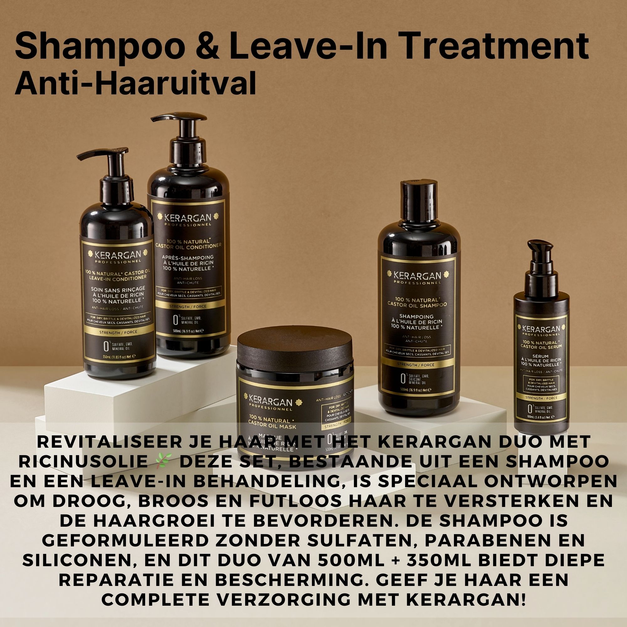 Verschillende Kerargan producten. Shampoo, leave-in conditioner en crème. Tekst: Anti-haaruitval. Ricinusolie.