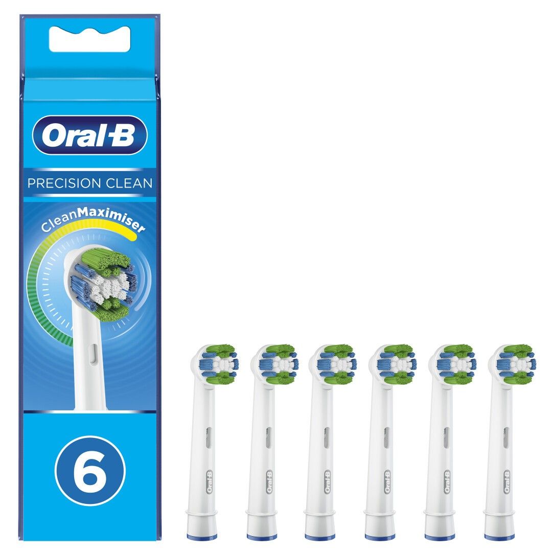 Packung mit sechs Oral-B Precision Clean Aufsteckbürsten. Blaue Verpackung. Text: 6. Aufsteckbürsten mit grünen und blauen Borsten.