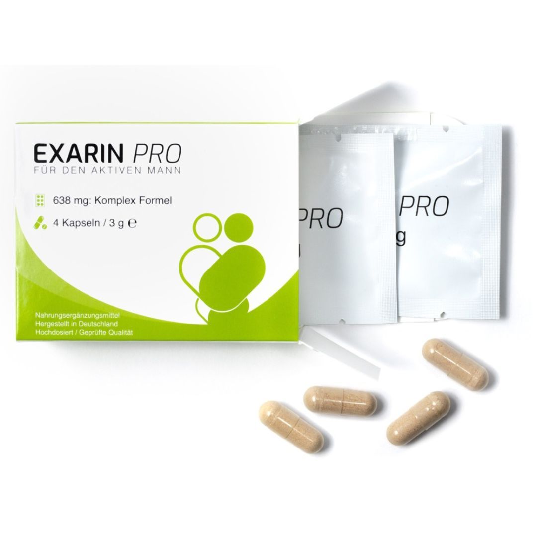 Exarin Pro Packung mit Kapseln und Beuteln. Kapseln liegen daneben. Aufschrift: 638 mg Komplex Formel, 4 Kapseln / 3 g.